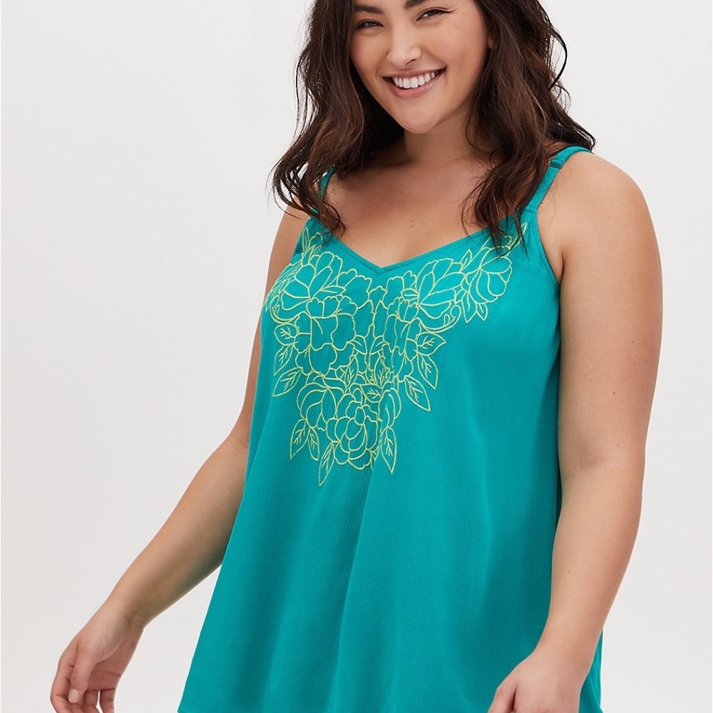 TORRID SOPHIE - TURQUOISE EMBROIDERED GAUZE SWING CAMI